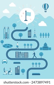 Flag and everyday scenery Vertical banner illustration ( destination, business goal Metaphor  )
