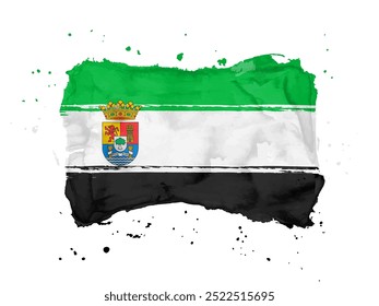 Bandeira da Estremadura, plano de fundo do traçado do pincel.  Bandeira Estremadura da Espanha sobre fundo branco. Estilo de aquarela para o seu design.  EPS10