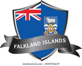 Flag of Falkland Islands as around the metal silver shield with Falkland Islands flag