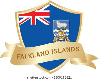 Flag of Falkland Islands as around the metal gold shield with Falkland Islands flag