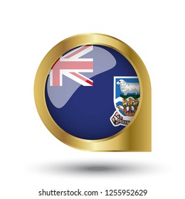 Flag of Falkland Islands, location map pin, pointer flag, button with the reflection of light and shadow, gold frame, Icon country. Realistic vector illustration on white background.