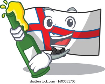 Flag Faroe Island Scroll with bottle of beer mascot cartoon style