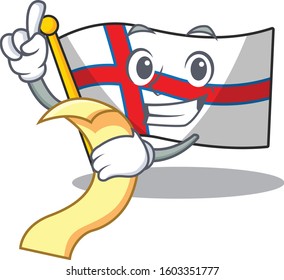 Flag Faroe Island Scroll cartoon character holding menu ready to serve