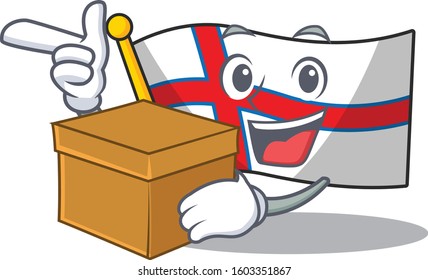 Flag Faroe Island Scroll cartoon character bringing a box