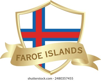 Flag of faroe islands as around the metal gold shield with faroe islands flag