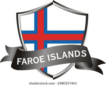 Flag of faroe islands as around the metal silver shield with faroe islands flag