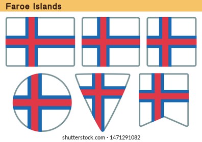 Flag of Faroe Islands. Flag icon set of six different shapes. Vector Illustration.

