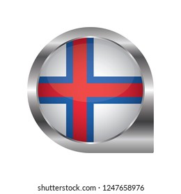 Flag of Faroe Islands, location map pin, pointer flag, button with the reflection of light and shadow, silver frame, Icon country. Realistic vector illustration on white background.