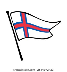 Flag of Faroe Islands. Faroe Islands flag vector illustration icon design in the hand-drawn style. Fluttering flagpole flag.