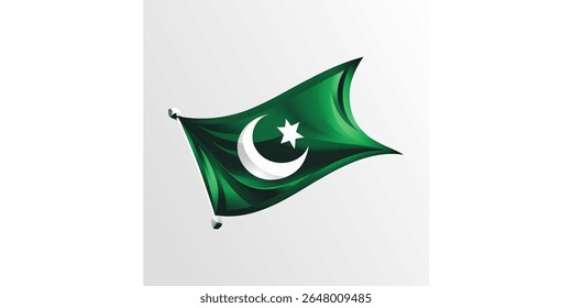 The flag features a dark green field with a vertical white stripe on the hoist side. In the center of the green field, there is a large white crescent moon and a five-pointed white star.