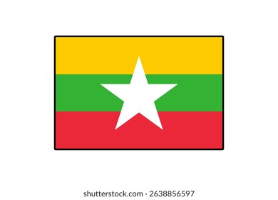 The flag features horizontal stripes of yellow, green, and red with a central white star, representing Myanmar's national identity and cultural heritage.