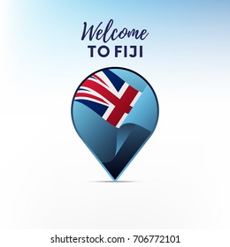 Flag of Fiji in shape of map pointer or marker. Welcome to Fiji. Vector illustration.