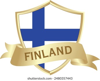 Flag of finland as around the metal gold shield with finland flag