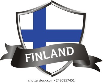 Flag of finland as around the metal silver shield with finland flag