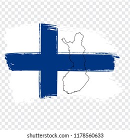 Flag Finland from brush strokes and Blank map Finland. High quality map of Finland  and flag on transparent background. Stock vector. Vector illustration EPS10.