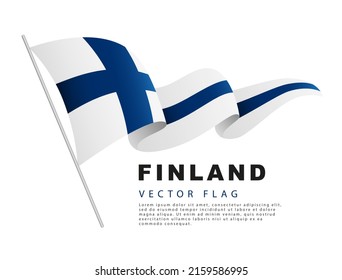 The flag of Finland hangs on a flagpole and flutters in the wind. Vector illustration isolated on white background. Colorful Finnish flag logo.