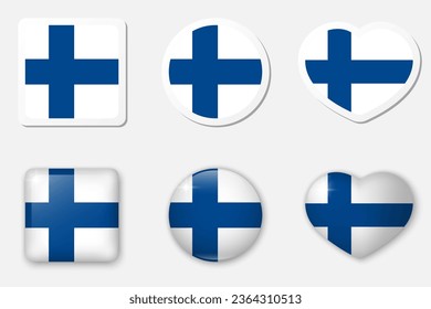 Flag of Finland icons collection. Flat stickers and 3d realistic glass vector elements on white background with shadow underneath.