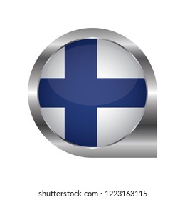 Flag of Finland, location map pin, pointer flag, button with the reflection of light and shadow, silver frame, Icon country. Realistic vector illustration on white background.