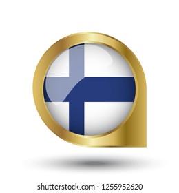 Flag of Finland, location map pin, pointer flag, button with the reflection of light and shadow, gold frame, Icon country. Realistic vector illustration on white background.