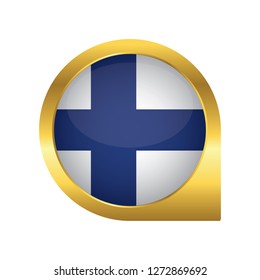 Flag of Finland, location map pin, pointer flag, button with the reflection of light and shadow, gold frame, Icon country. Realistic vector illustration on white background.