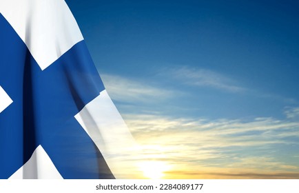 Flag of Finland on background of sky. Patriotic background. EPS10 vector