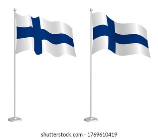 flag of Finland on flagpole waving in the wind. Holiday design element. Checkpoint for map symbols. Isolated vector on white background
