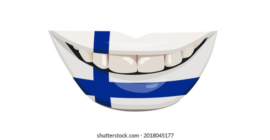 The flag of Finland on the lips. A woman's smile with white teeth. Vector illustration.