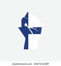 Flag of Finland in the shape of raised hand sign isolated on background. Fist symbol modern, simple, vector, icon for website design, mobile app, ui. Vector Illustration