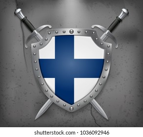 Flag of Finland. The Shield with National Flag. Two Crossed Swords. Vector Medieval Background