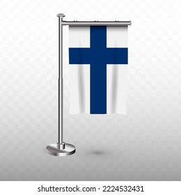 Flag of Finland. Vector illustration of a vertical hanging flag with flagpole on a transparent background (PNG).