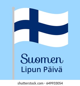 Flag of Finland waving in sky. Background for Flag Day in Finland. Translation of the inscription Finnish flag day
