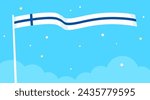 Flag of Finland waving in the sky. Simple cartoon Finnish flag and stars on blue background, banner template. Vector illustration.