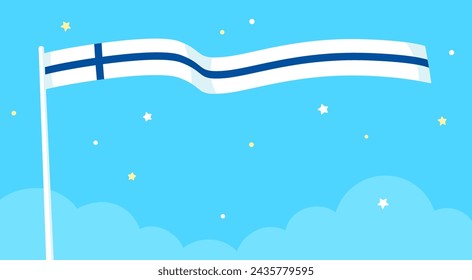 Bandera de Finlandia ondeando en el cielo. Bandera de Finlandia de dibujos animados simple y estrellas en el fondo azul, plantilla de banner. Ilustración vectorial.