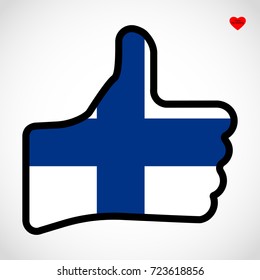 Flag of Finn in the shape of Hand with thumb up, gesture of approval, meaning Like, vector finger sign, flat design illustration.