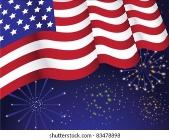 Flag with fireworks The American flag waves over fireworks bursting in the background. Vector illustration. Grouped for easy editing.