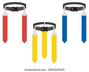 flag football, set of three flag belts in red, yellow and blue isolated on a white background