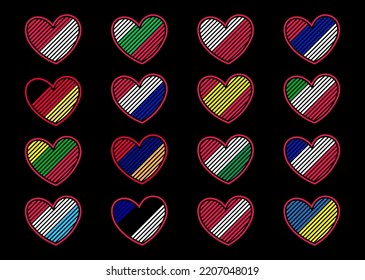 Flag in the form of a heart of Poland, Indonesia, Monaco, Bulgaria, Serbia, Germany, Netherlands, Spain, Lithuania, Armenia, France, Luxembourg, Estonia, Austria, Ukraine, Hungary - Set