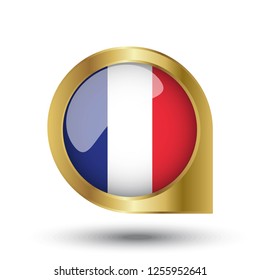 Flag of Franc, location map pin, pointer flag, button with the reflection of light and shadow, gold frame, Icon country. Realistic vector illustration on white background.