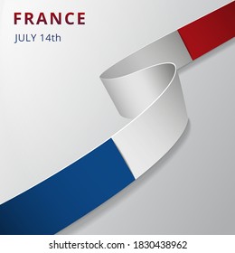 Flag of France. 14th of July. Bastille day. Vector illustration. Wavy ribbon on gray background. Independence day. National symbol. Graphic design template