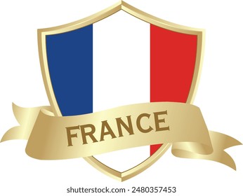 Flag of france as around the metal gold shield with france flag