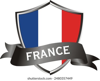 Flag of france as around the metal silver shield with france flag