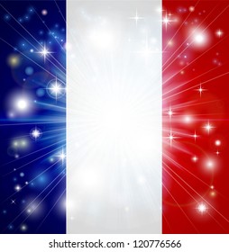 Flag of France background with pyrotechnic or light burst and copy space in the centre