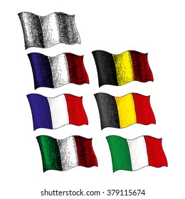 Flag of France, Belgium, Italian  - Illustration- engraving