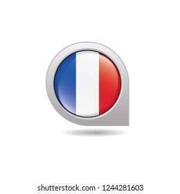 Flag of France, button with the reflection of light and shadow, gray frame, Icon country. Realistic vector illustration on white background.