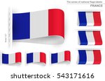 Flag of France is embroidered on the textile tag and sewn with a thread stitch; Set of vector realistic icons of flag of French Republic from a fabric loop