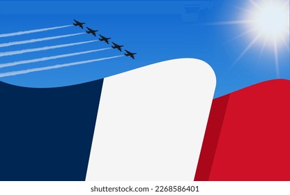 Flag of France and a fighter plane formation flying in the sky. Independence day France. Military aviation in the blue sky. Vector illustration