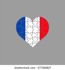 Flag of France in the form of heart puzzle on gray background. Vector illustration