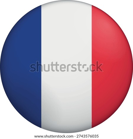 Flag of France. Glossy circular flag. Button appearance. 3D Icon Design with depth. Professional, tactile look. Perfect for representing national identity in digital interfaces and perfect for websites