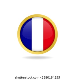 flag of France with golden frame, circle round glossy button, vector design, editable eps file