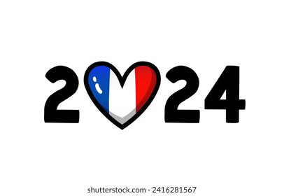 The flag of France is in the heart. The year 2024 with the French flag instead of the number 0. Vector illustration on a white background.